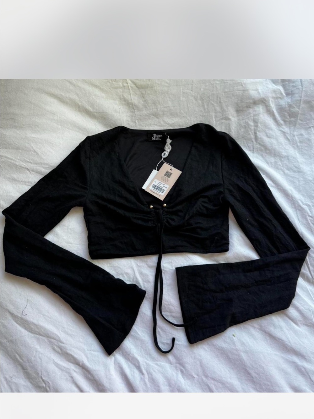 Tiger Mist Taylee Black Cropped Tie-Front Long Sleeve Top